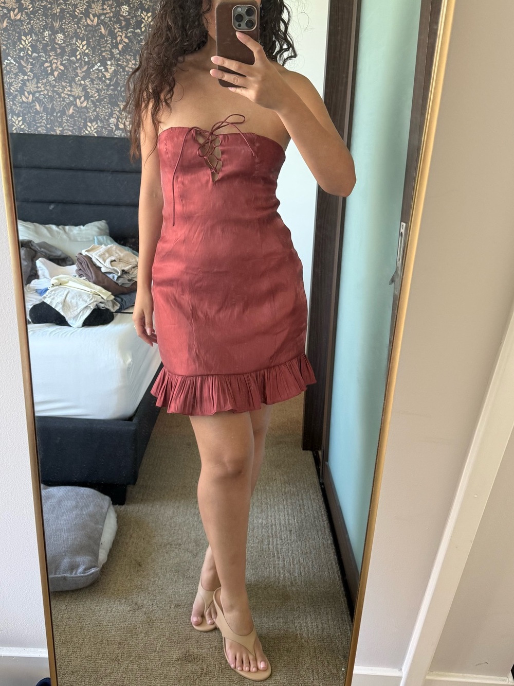 Strapless Lace-Up Ruffle Hem Mini Dress — Rust
